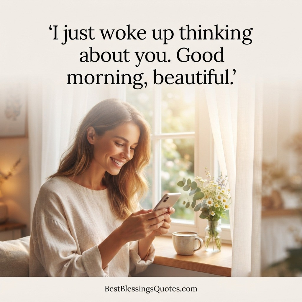 A woman smiling while reading a heartfelt good morning paragraph for her.