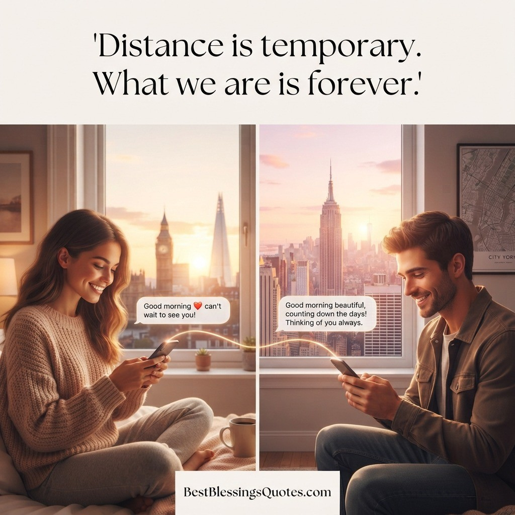 A couple exchanging good morning paragraphs in a long-distance relationship.