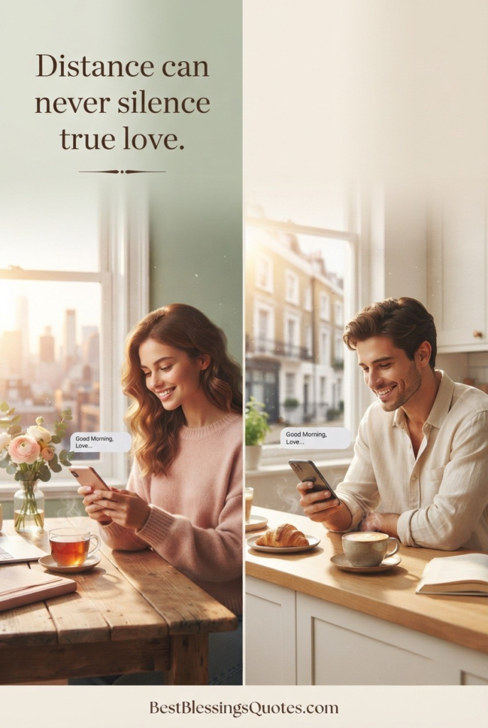 A romantic long-distance couple sharing heartfelt good morning messages through their smartphones at sunrise.