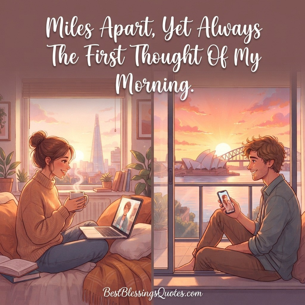 Couple sharing a heartfelt long-distance good morning message.