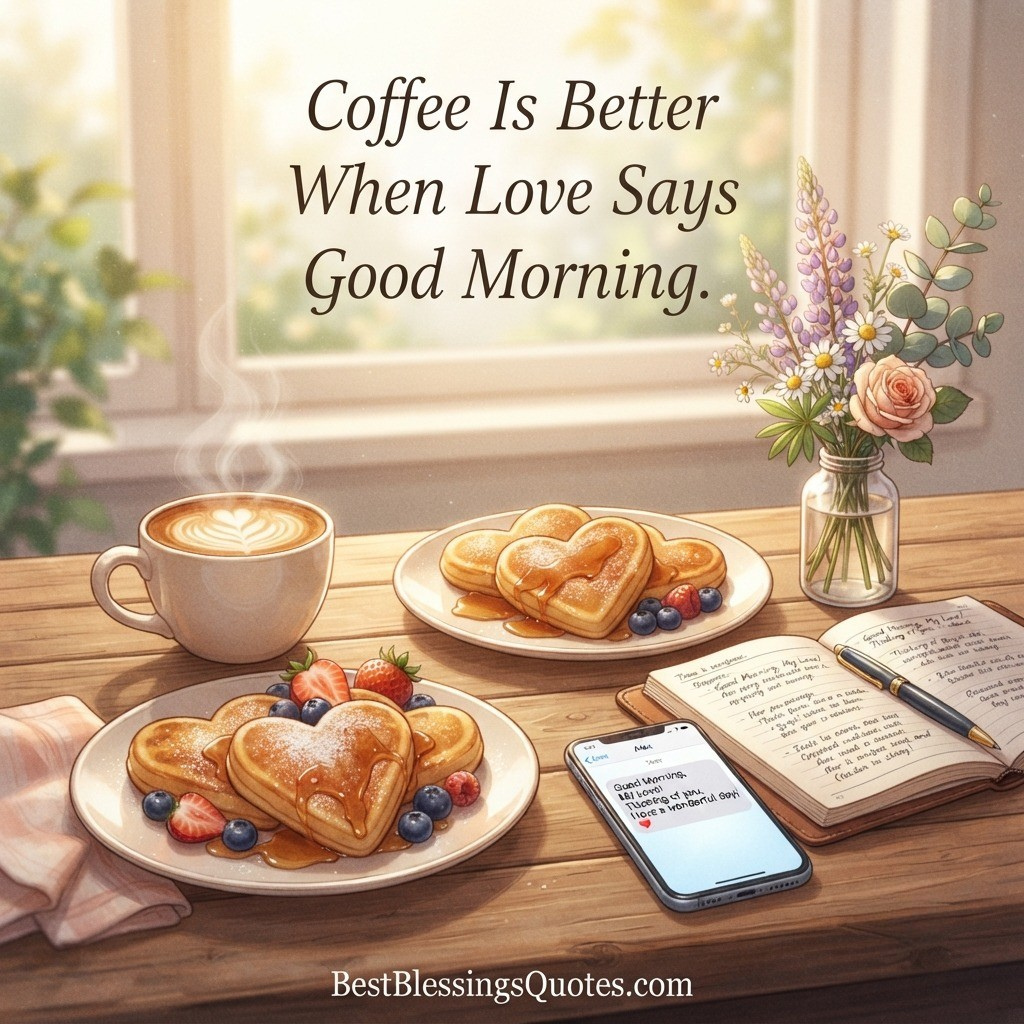 Coffee, flowers, and a romantic good morning quote on a cozy table.