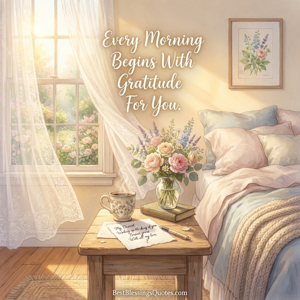 Romantic bedroom with a love letter and warm morning sunlight.