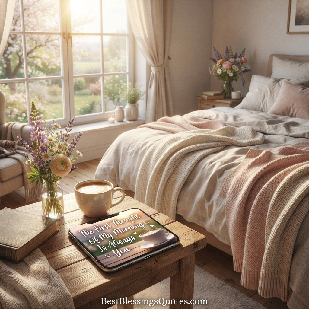 Cozy morning scene with coffee and a long good morning message on a phone.