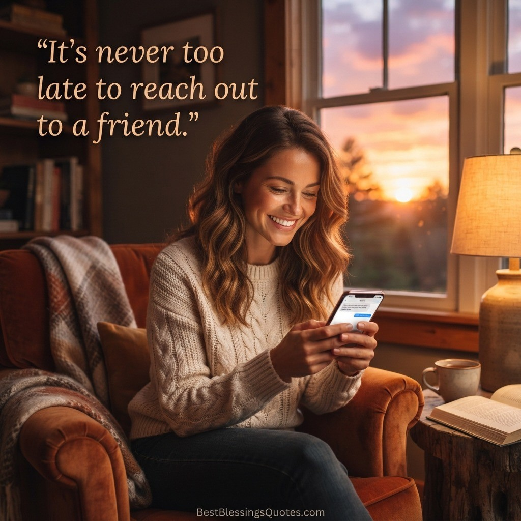 Person reconnecting with an old friend through a heartfelt evening message with a friendship quote.