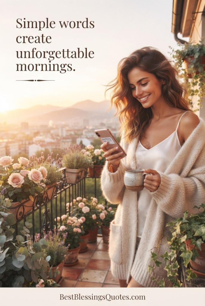 A woman enjoying the sunrise on a flower-filled balcony while sending a loving good morning paragraph to her boyfriend.