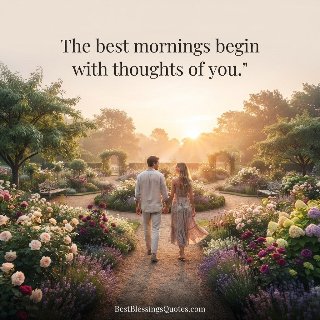 Romantic couple walking through a beautiful garden at sunrise with a sweet good morning quote for her.