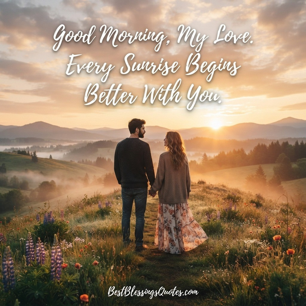 Romantic sunrise with a couple and a heartfelt good morning quote.
