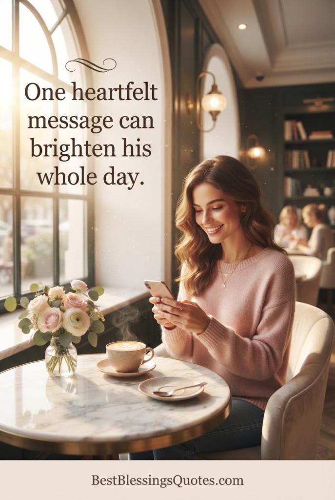 A woman smiling while sending a sweet good morning message to her boyfriend from a beautiful sunrise caf&eacute;.