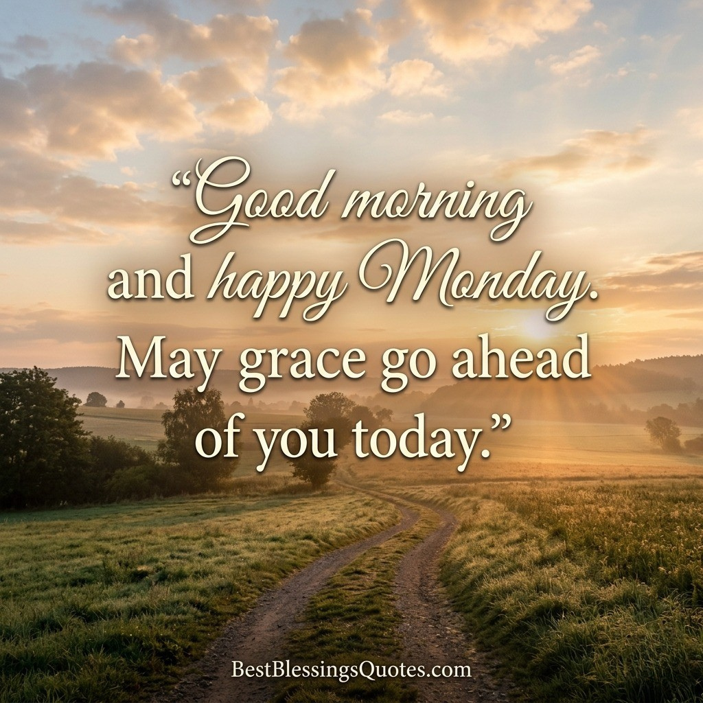 Blessed Monday morning blessing for a hopeful week with peaceful sunrise, warm light, and an uplifting atmosphere.