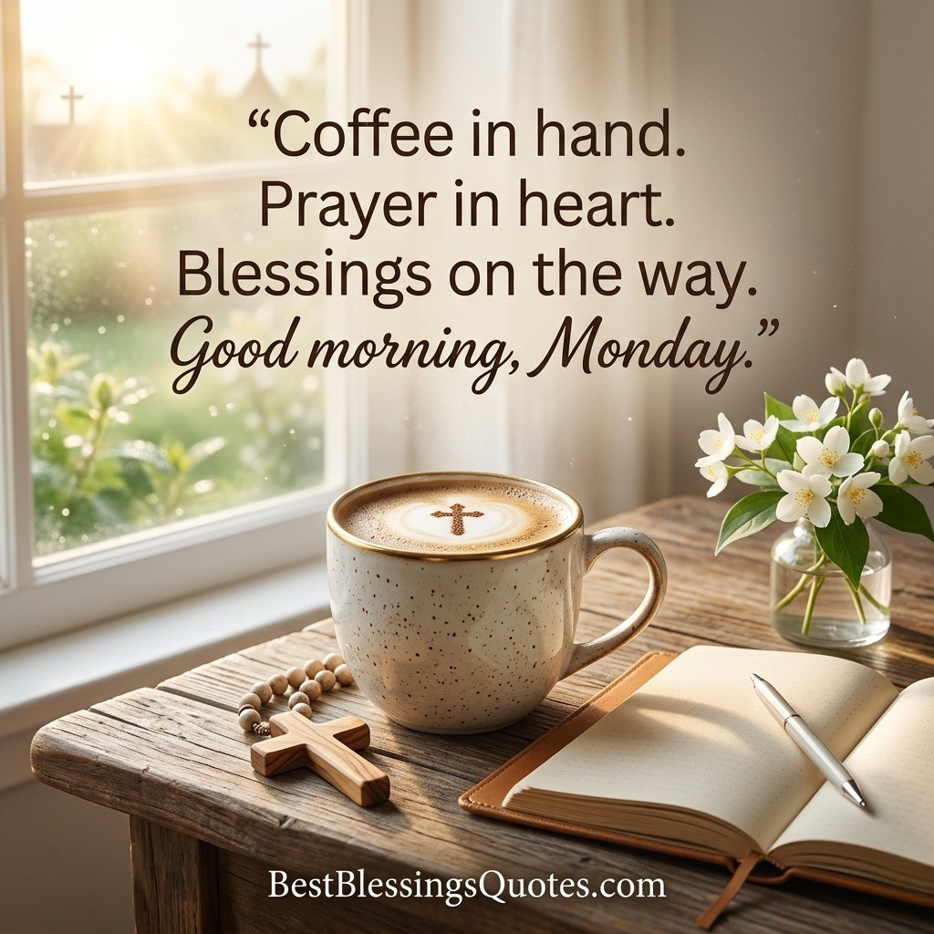 Coffee, prayer, and Monday morning blessings with a warm cup of coffee, Bible, and cozy morning setting.