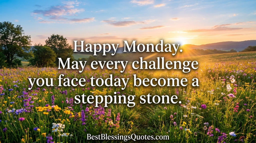 Colorful wildflower field at sunrise representing a happy and blessed Monday