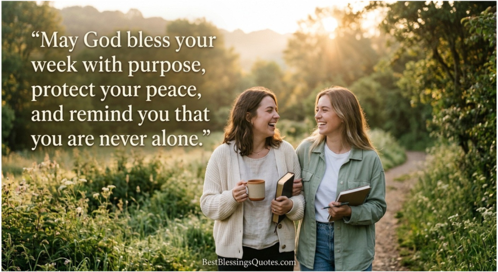 Two friends enjoying an uplifting conversation outdoors in soft morning sunlight, symbolizing encouragement and a hopeful Monday.