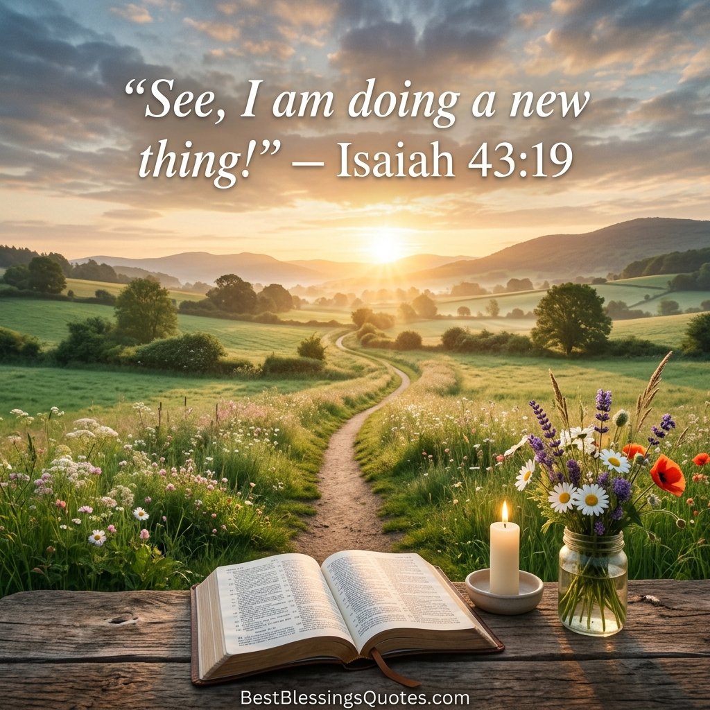 Peaceful path toward a sunrise with an open Bible and Isaiah 43:19 message about new beginnings