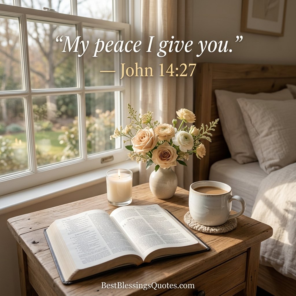 Open Bible, candle, flowers, and morning sunlight representing peaceful Monday blessings from John 14:27