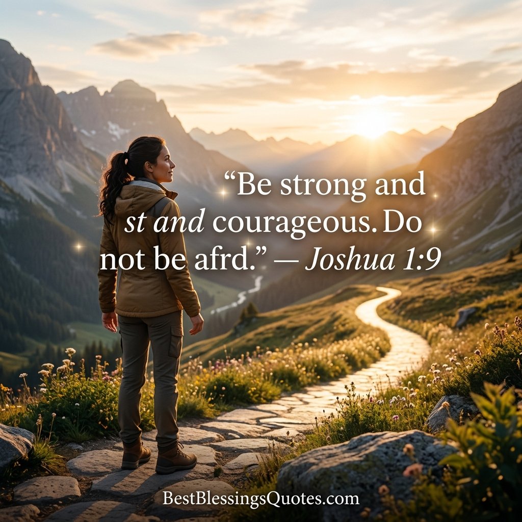 Person standing at sunrise with a Bible-inspired message from Joshua 1:9 about strength and courage
