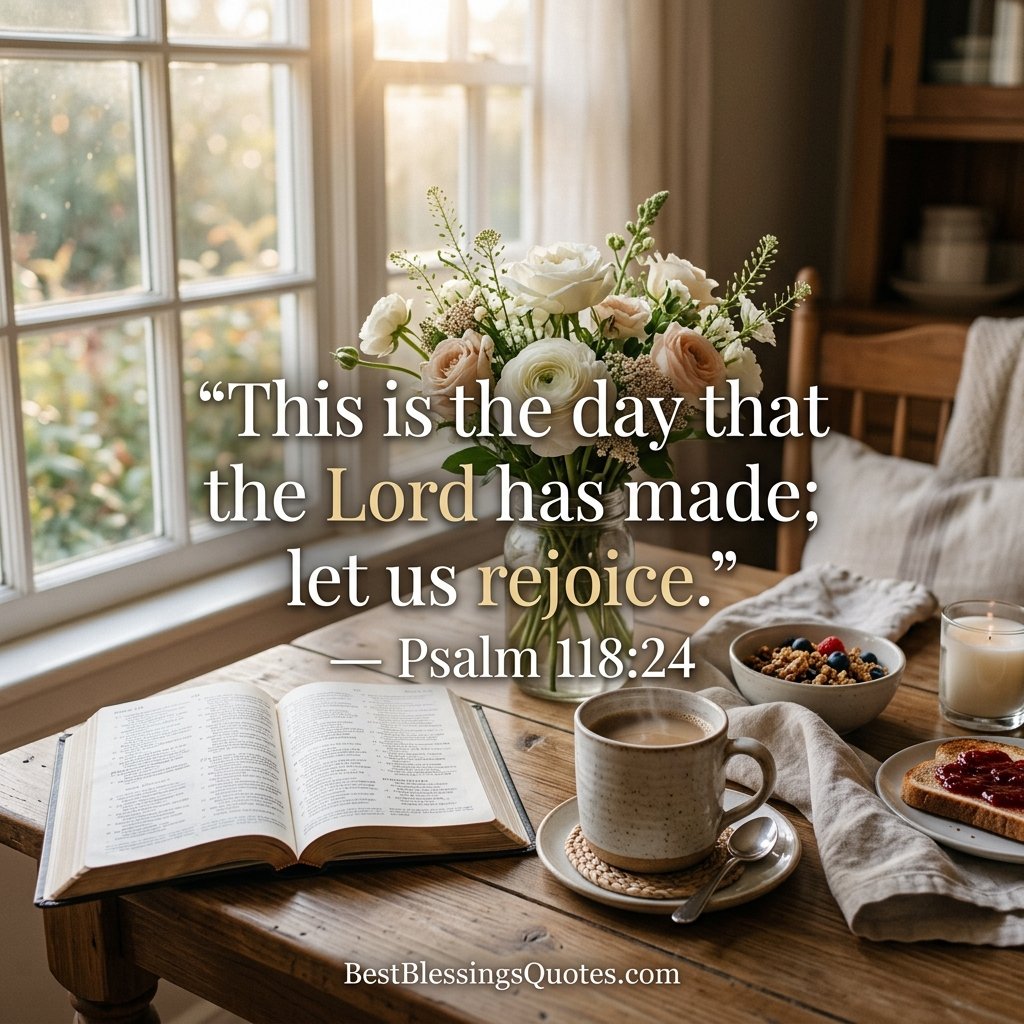 Cozy breakfast table with an open Bible, coffee, flowers, and a Psalm 118:24 Monday blessing