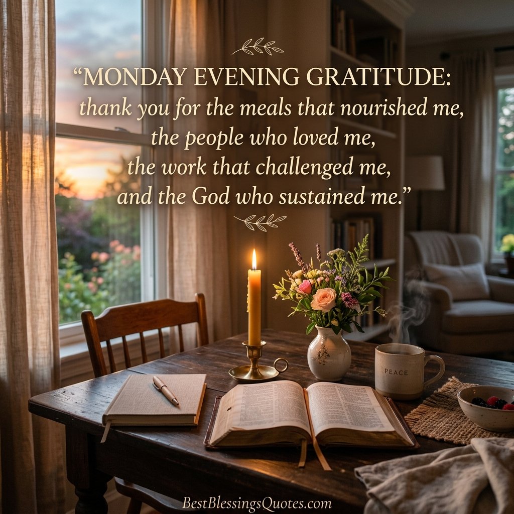 Monday evening gratitude blessing with a Bible, candle, journal, and warm sunset light