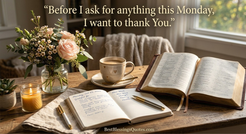 Warm bedroom scene with an open Bible beside a glowing bedside lamp, representing peaceful reflection and prayer after Monday.
