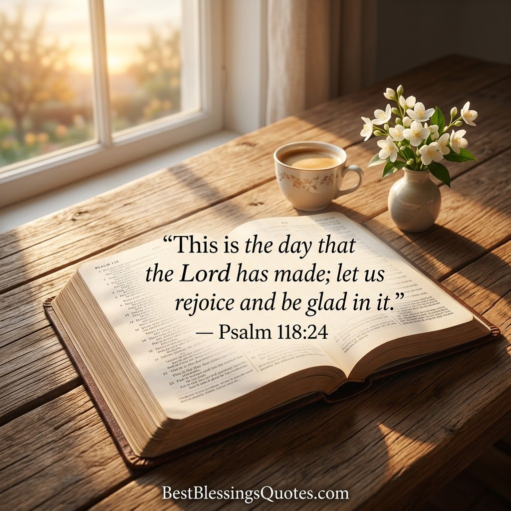 Monday morning Bible verse and blessing with an open Bible, soft morning light, and peaceful surroundings.