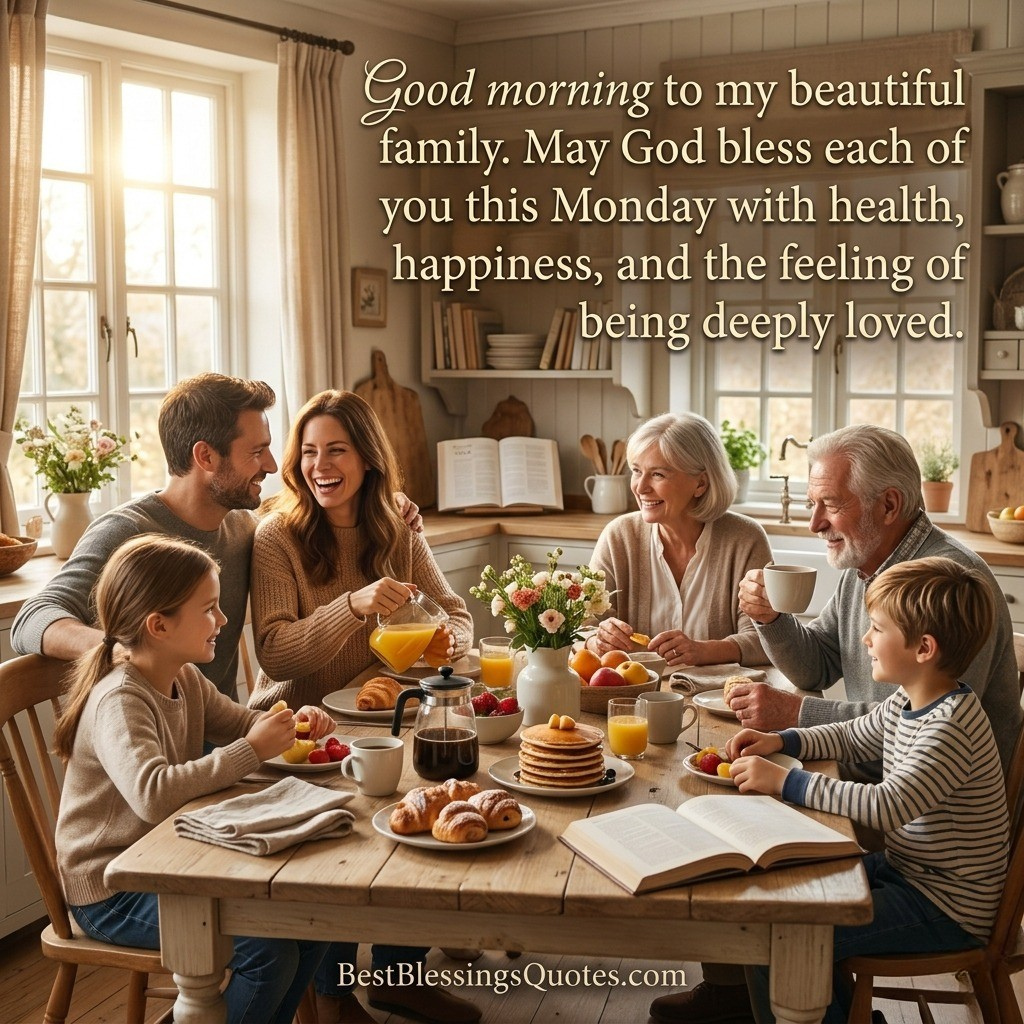 Monday morning blessings for family and loved ones with a warm and peaceful family-centered scene.