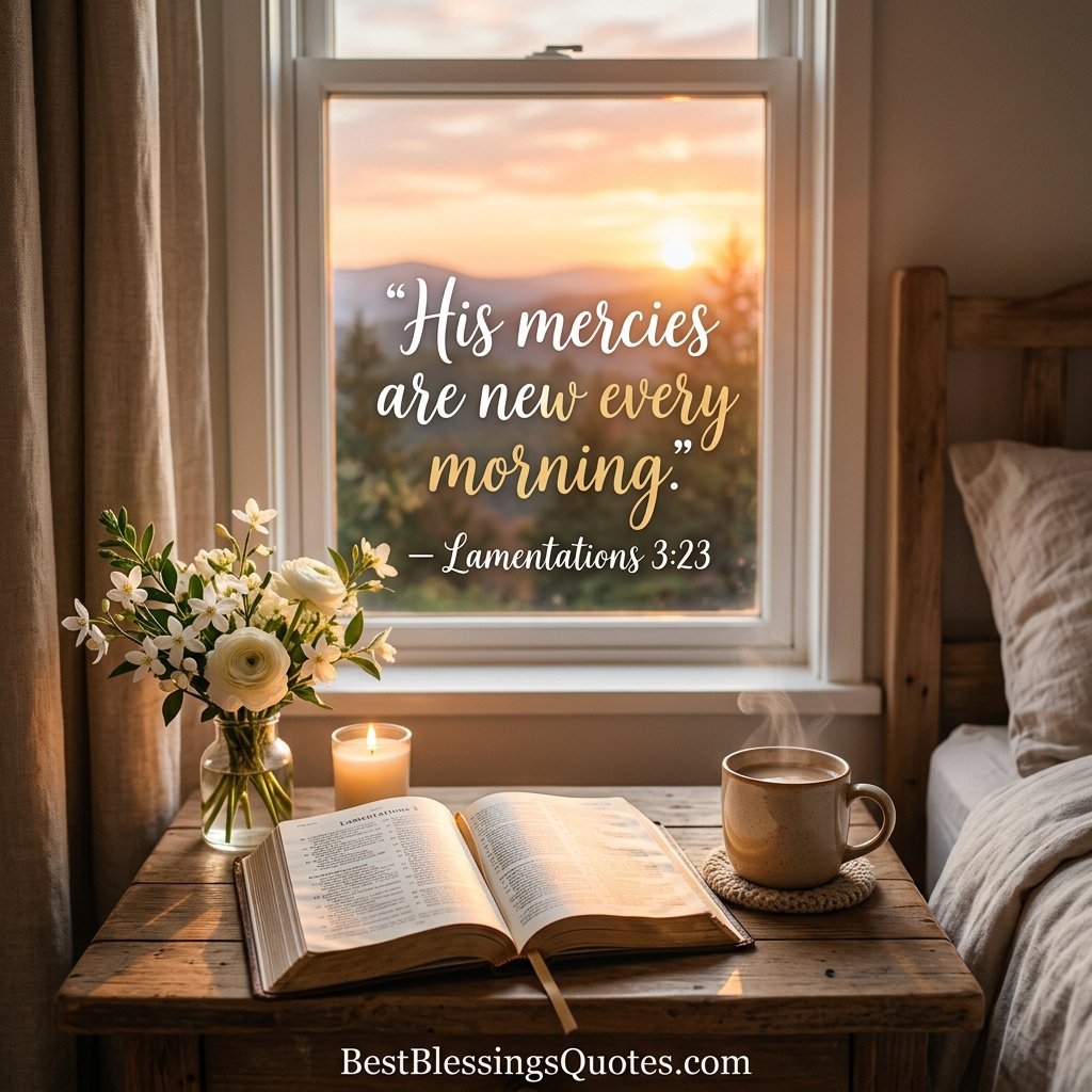 Monday blessings bible verses with an open Bible, coffee, flowers, and Lamentations 3:23 about new mercies