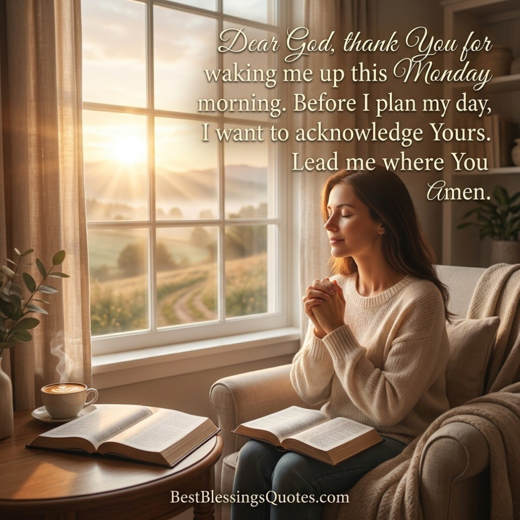 Monday morning prayer for peace and guidance with a calm sunrise and serene spiritual setting.