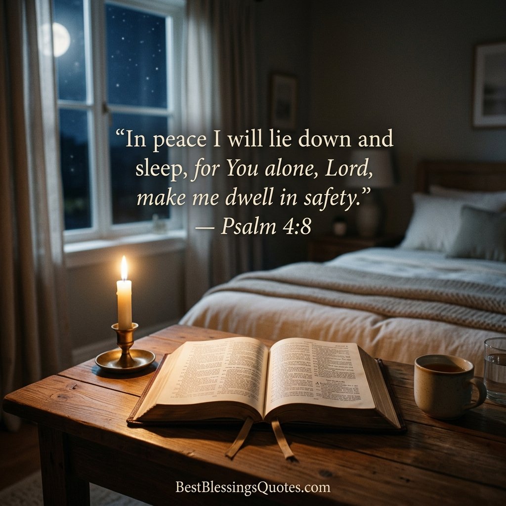Monday night Bible verse blessing featuring Psalm 4:8 beside a softly lit Bible
