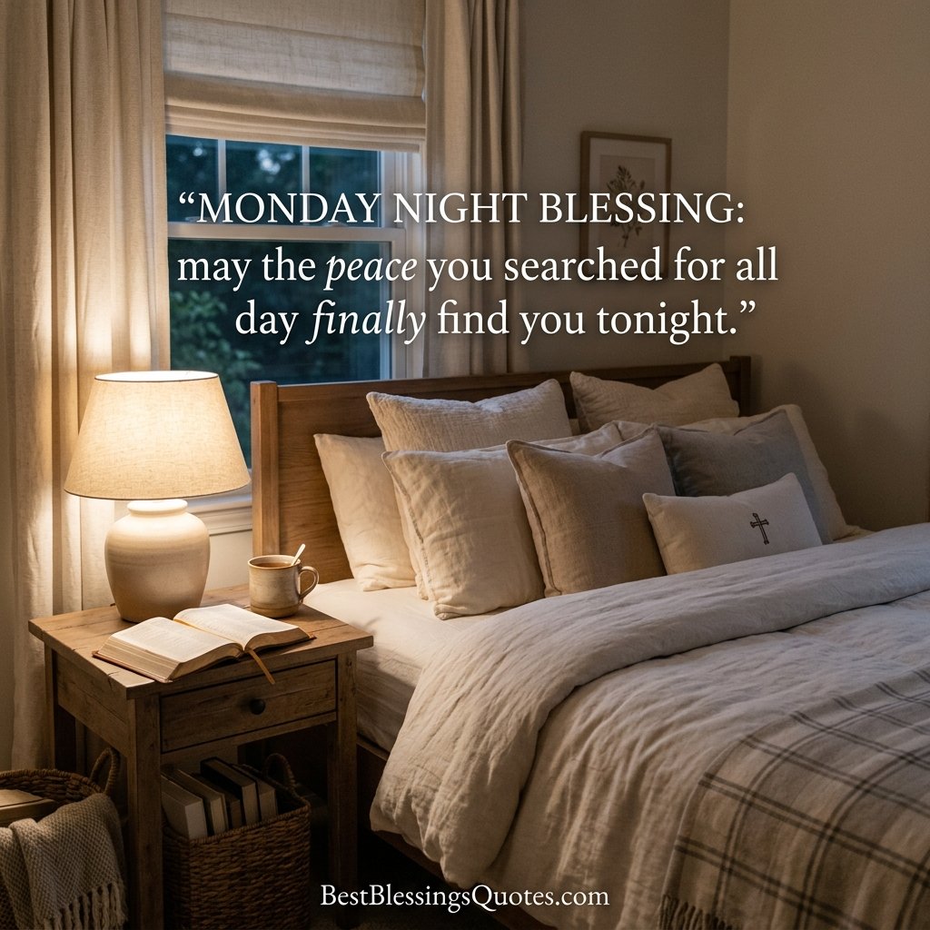 Peaceful Monday night blessing with a cozy bedroom, Bible, and warm bedside light
