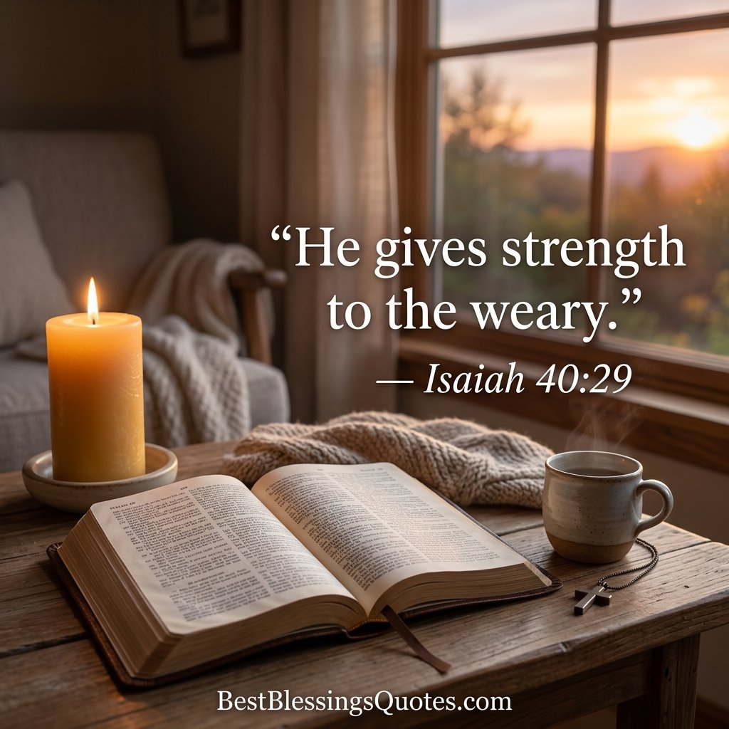 Open Bible and glowing candle during a peaceful Monday evening with an Isaiah 40:29 blessing about strength for the weary