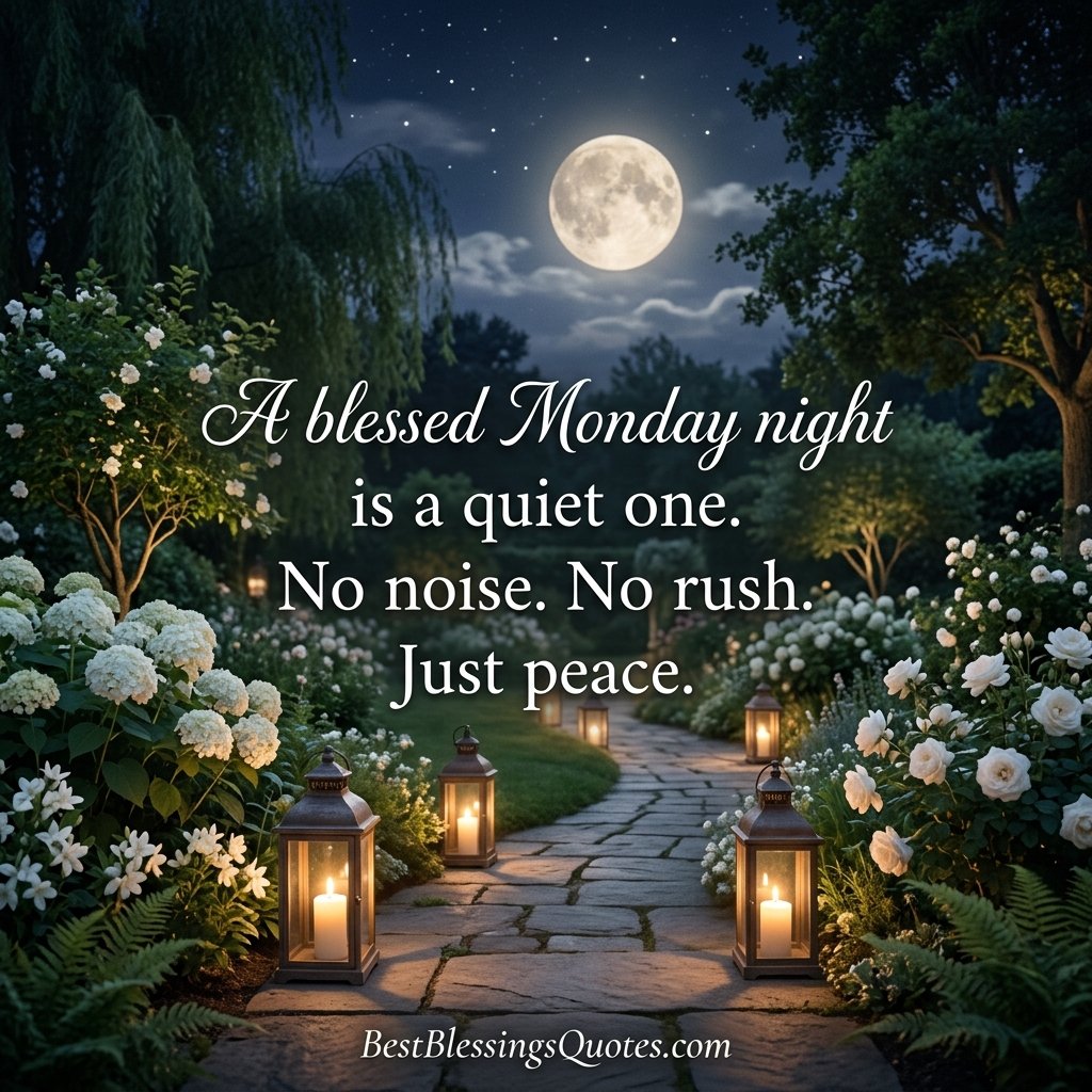 Monday night peace and blessings in a serene moonlit garden with glowing lanterns