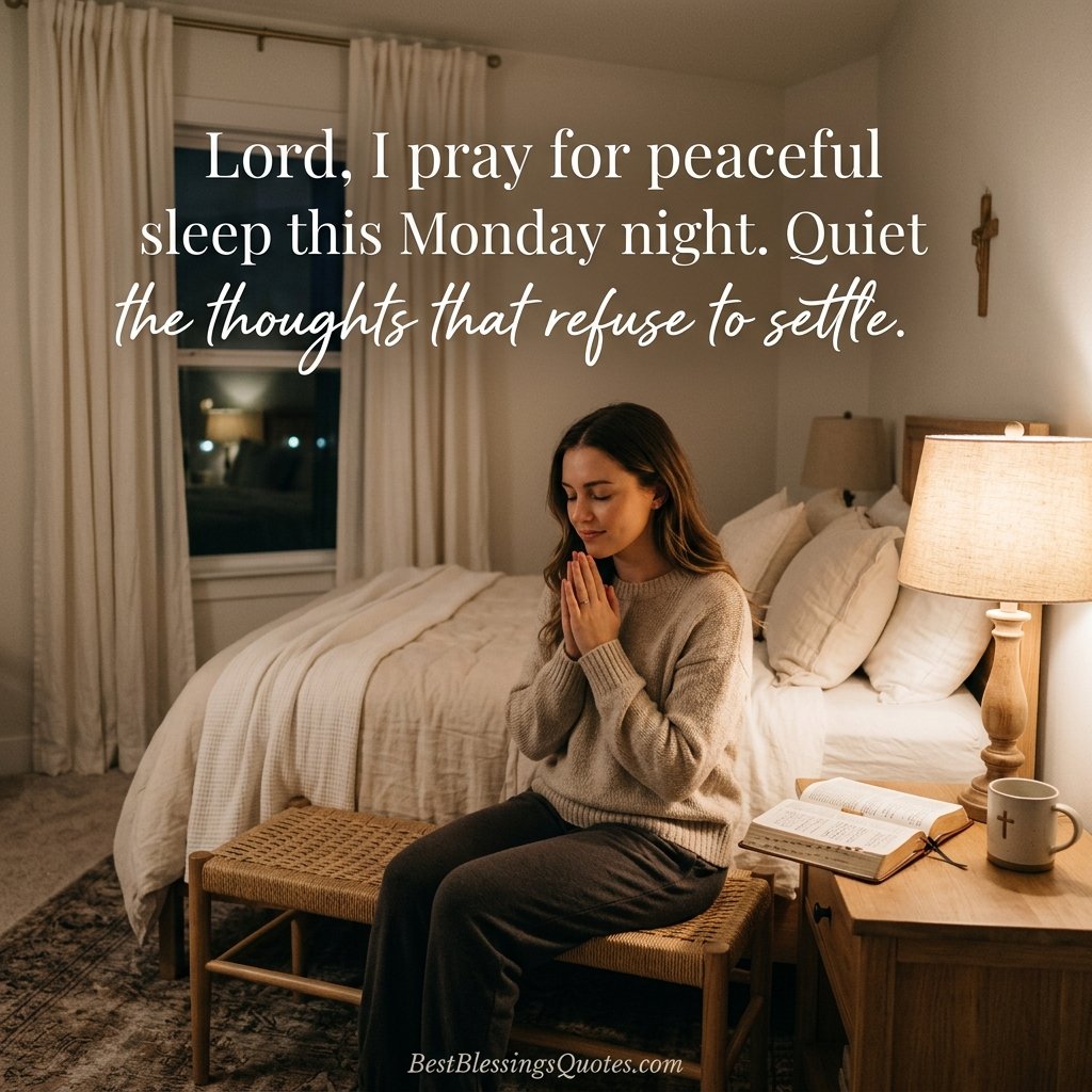 Monday night prayer before sleep with an open Bible and a peaceful bedroom setting