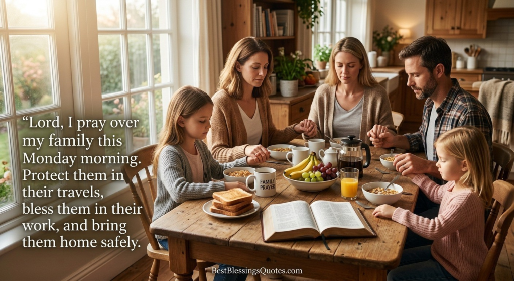Family gathered around a breakfast table holding hands in prayer before starting their Monday, with sunlight filling the room.