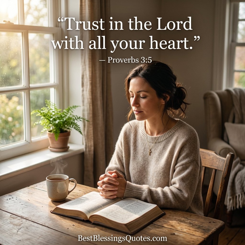 Person praying beside an open Bible on Monday morning with a Proverbs 3:5 message about trusting God
