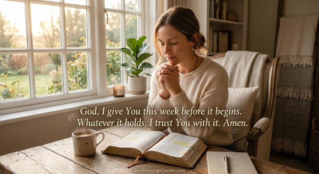 Woman sitting quietly in a peaceful prayer corner near a window, reflecting on faith and seeking calm at the start of Monday.