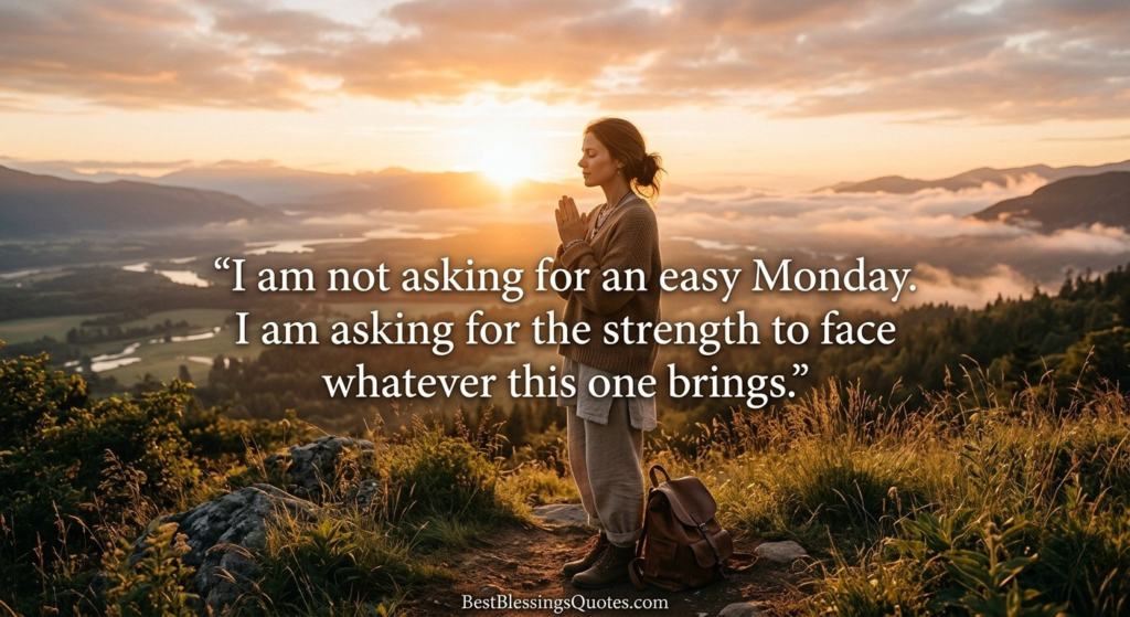 Woman standing in a golden sunrise landscape with hands clasped in prayer, reflecting courage and spiritual strength for the week ahead.