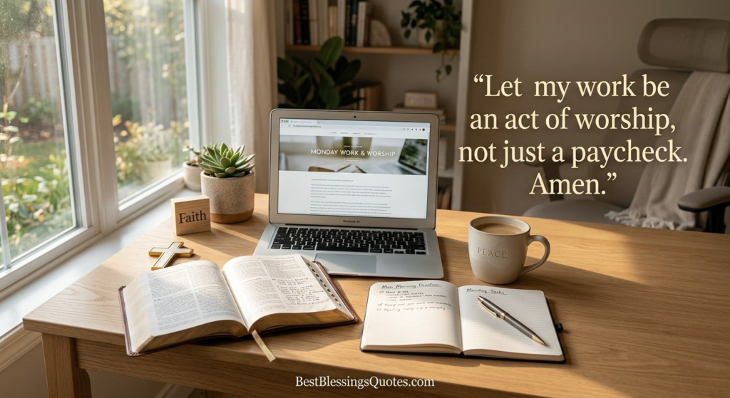 Faith-inspired Monday workspace featuring a laptop, notebook, coffee, pen, and open Bible ready for the workday.