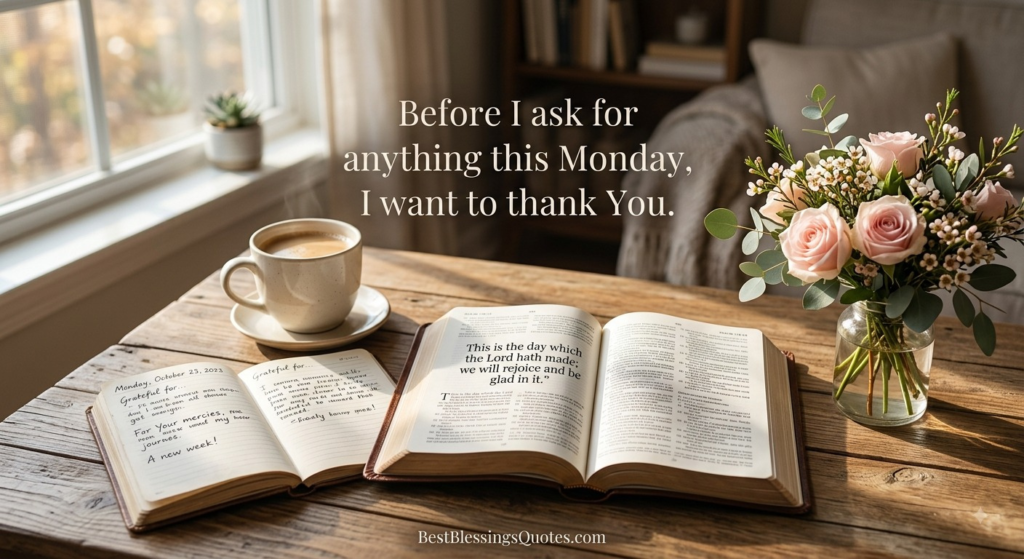 Open Bible and gratitude journal surrounded by flowers and coffee on a bright wooden table, creating a thankful Monday morning scene.