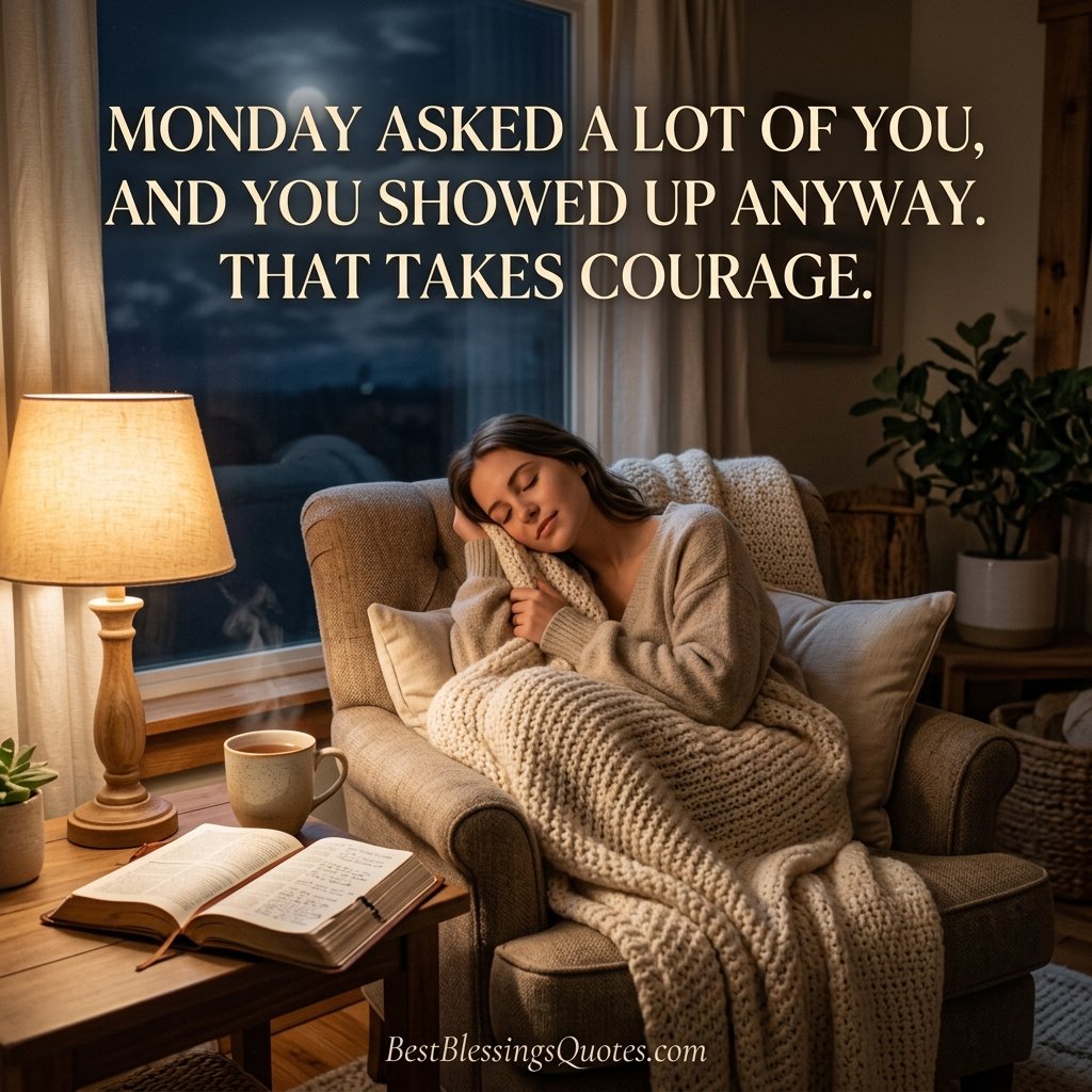 Restful Monday night blessing showing a woman relaxing with a warm drink and Bible