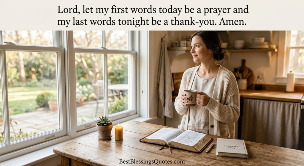 Cozy Monday breakfast setting with a woman holding a warm coffee mug while an open Bible rests nearby in the morning light.