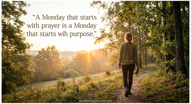 Person carrying a Bible while walking along a sunlit path surrounded by trees, symbolizing faith, guidance, monday blessings and prayers a fresh start to the week.