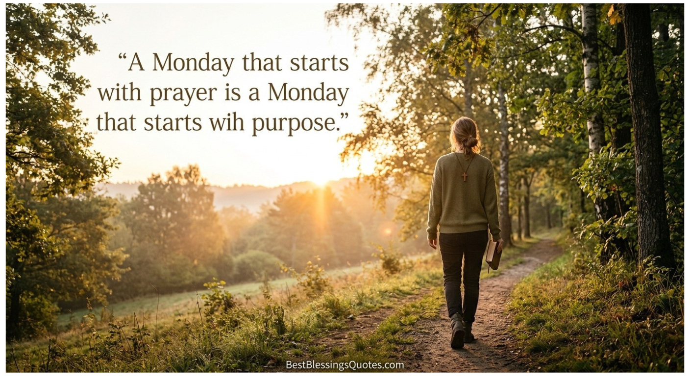 Person carrying a Bible while walking along a sunlit path surrounded by trees, symbolizing faith, guidance, monday blessings and prayers a fresh start to the week.