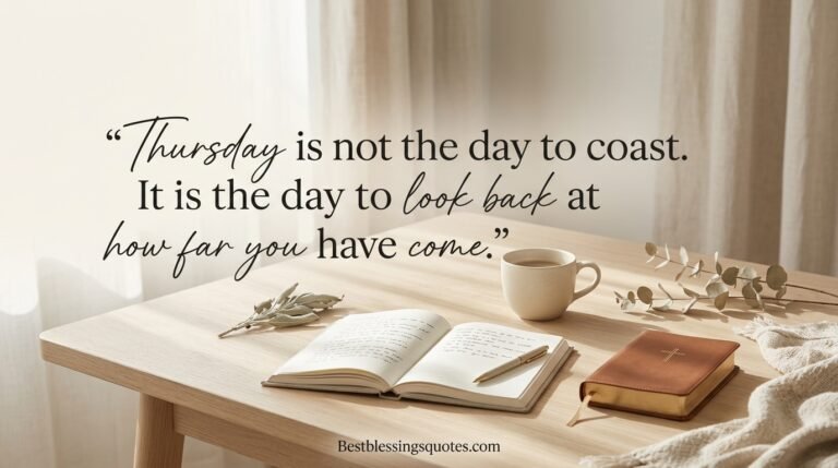 Thursday blessings with an elegant morning desk, Bible, journal, coffee, and inspirational quote about finishing the week strong.
